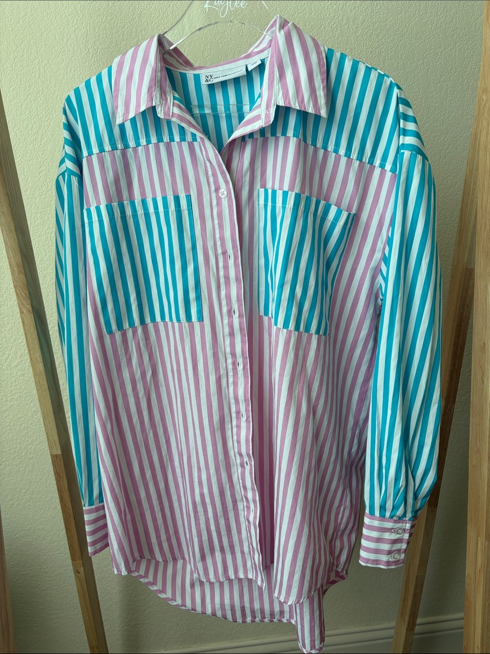 New York & Company Pink and Aqua Striped Button-Down Shirt